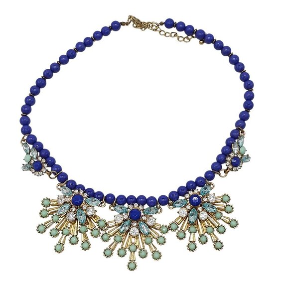 Macys Gold Blue Beaded Statement Necklace With Crystal Mint Green Accents Heavy - Picture 1 of 7